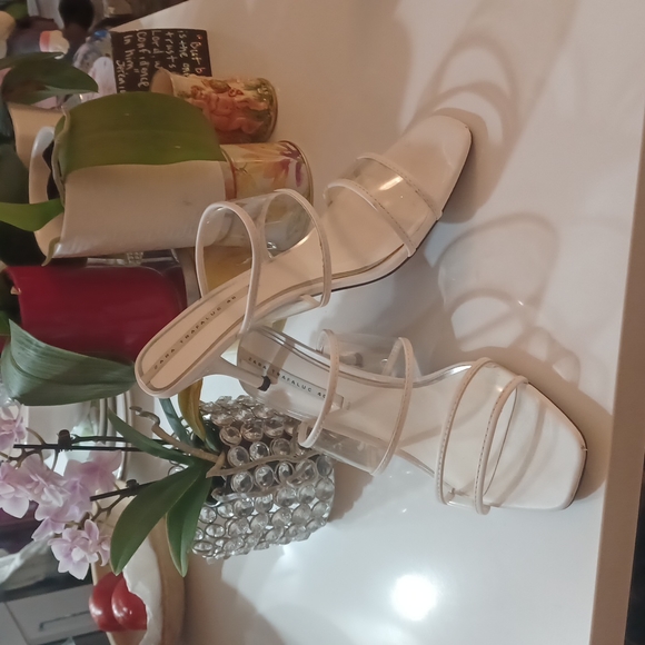 ZARA CLEAR VINYL WHITE LEATHER KITTEN HEEL MULES 👠 40/9 - Picture 2 of 7